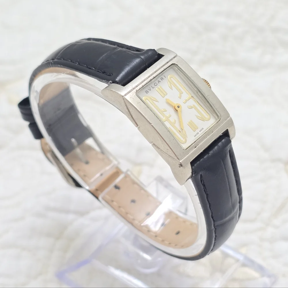 BVLGARI Rettangolo Quartz RT39S Ladies Watch Italian Luxury Black Leather Strap
